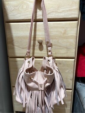 Alberta Di Canio Blush Pink Fringe Drawstring Shoulder Bag